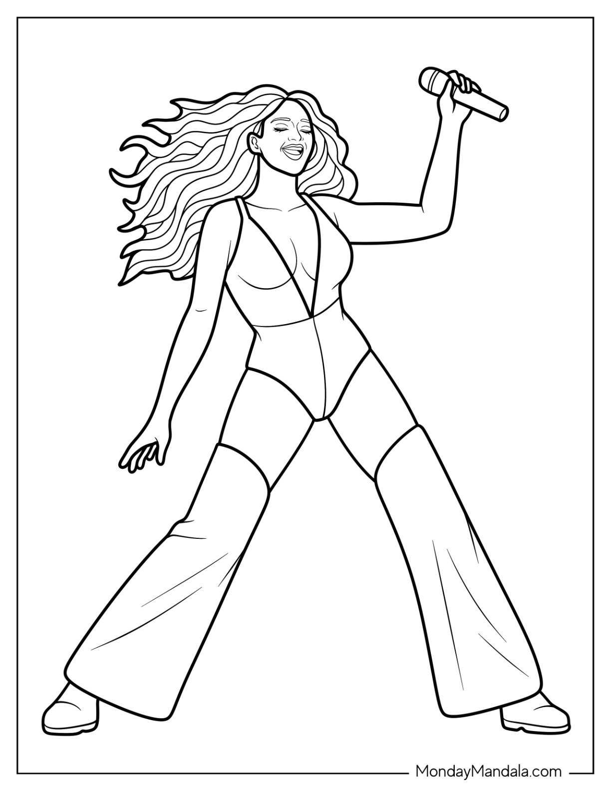 Queen Beyoncé Coloring Page Mid Concert with Mic and Wide Leg Outfit for Kids