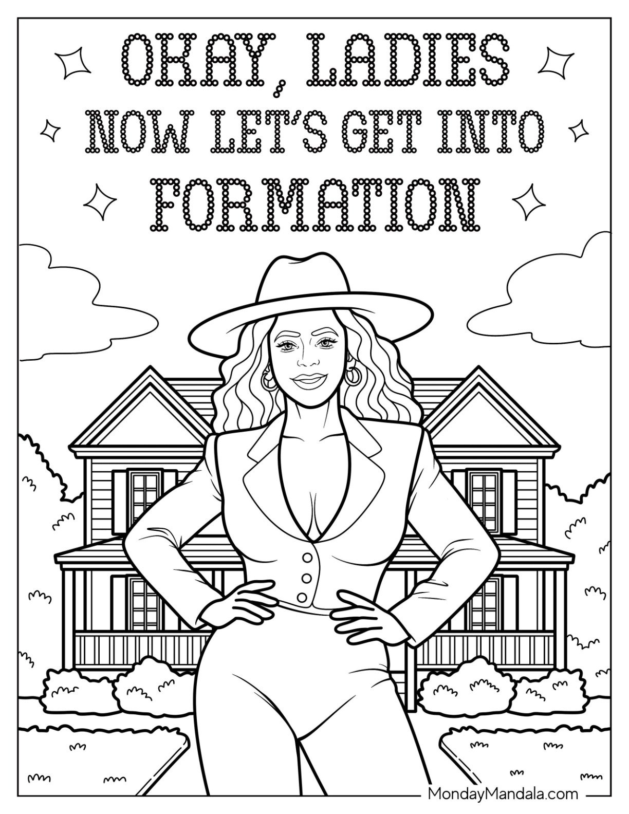 Queen Beyoncé Coloring Page in Formation Pose with Hat and Power Stance