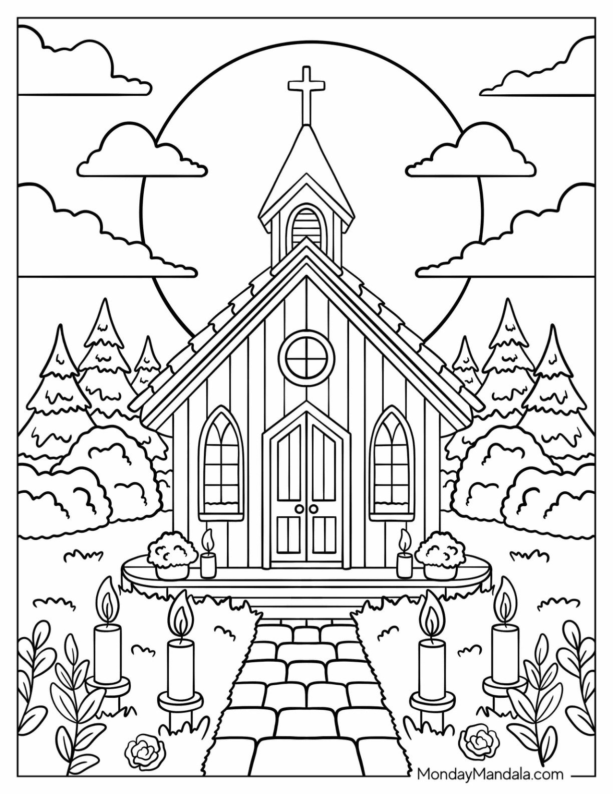 Quiet Forest Church Coloring Page with Flowers and Lighted Candles