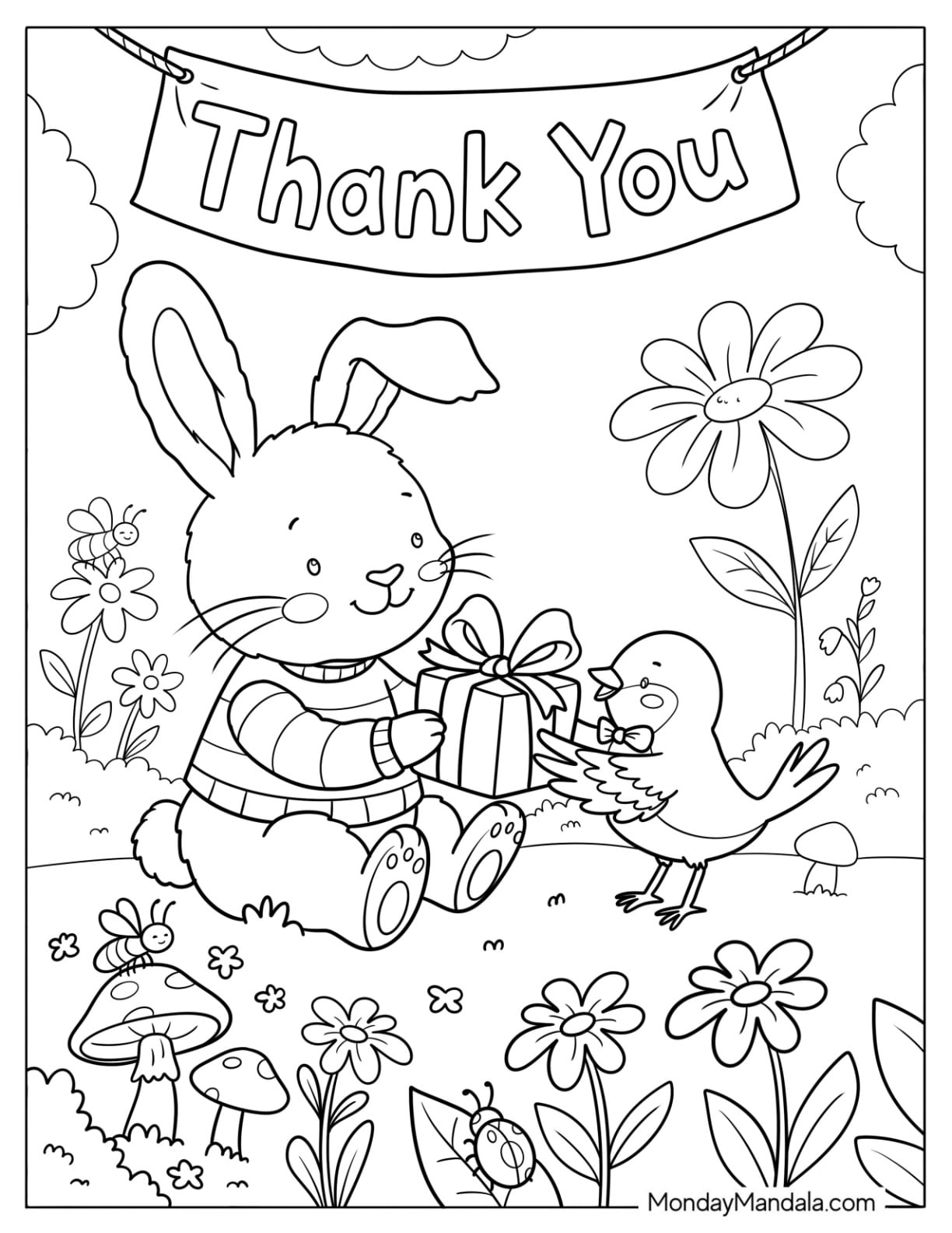 Rabbit Giving Present to a Bird Coloring Page