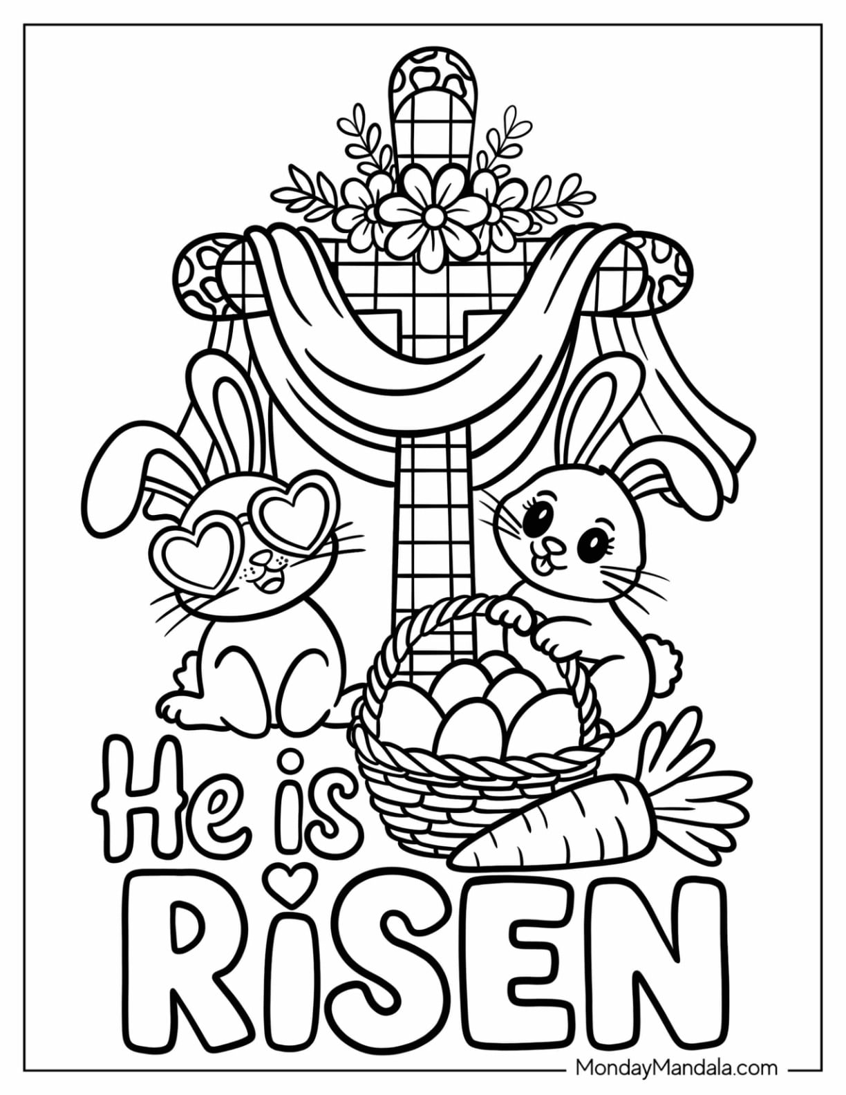 Religious Easter Coloring Page of Rabbits Next to a Cross with Flower and Drapery