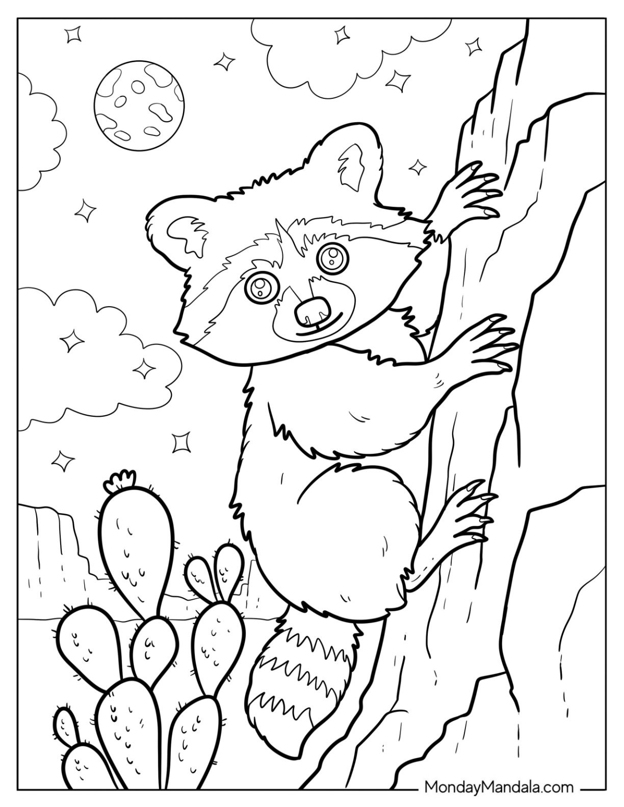Raccoon Coloring Page Climbing a Rock in the Desert