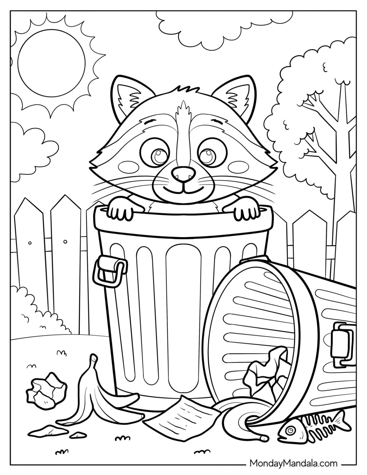 Raccoon Coloring Page Looking for Food in Trash Bins