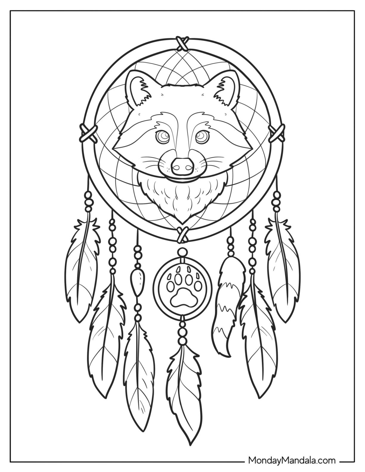 Raccoon Coloring Page in Dreamcatcher with Paw Charms and Feathers