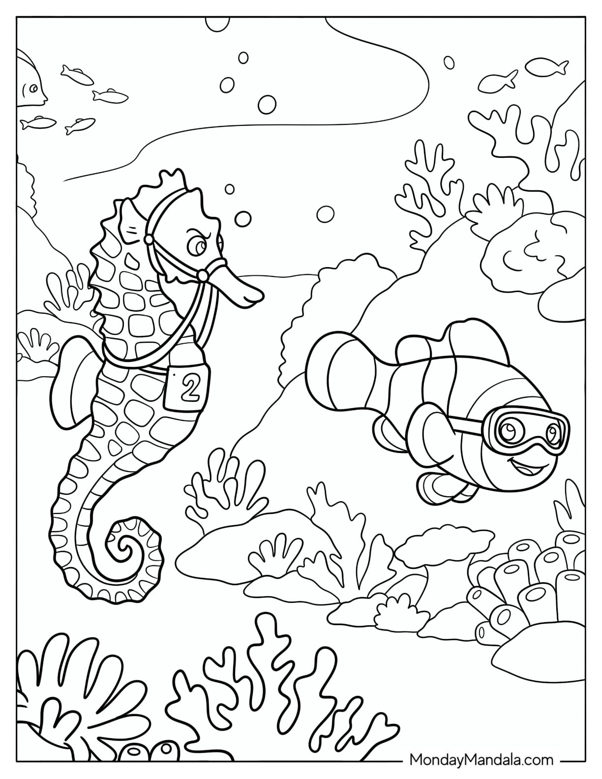 Race Seahorse with a Clown Fish in Goggles