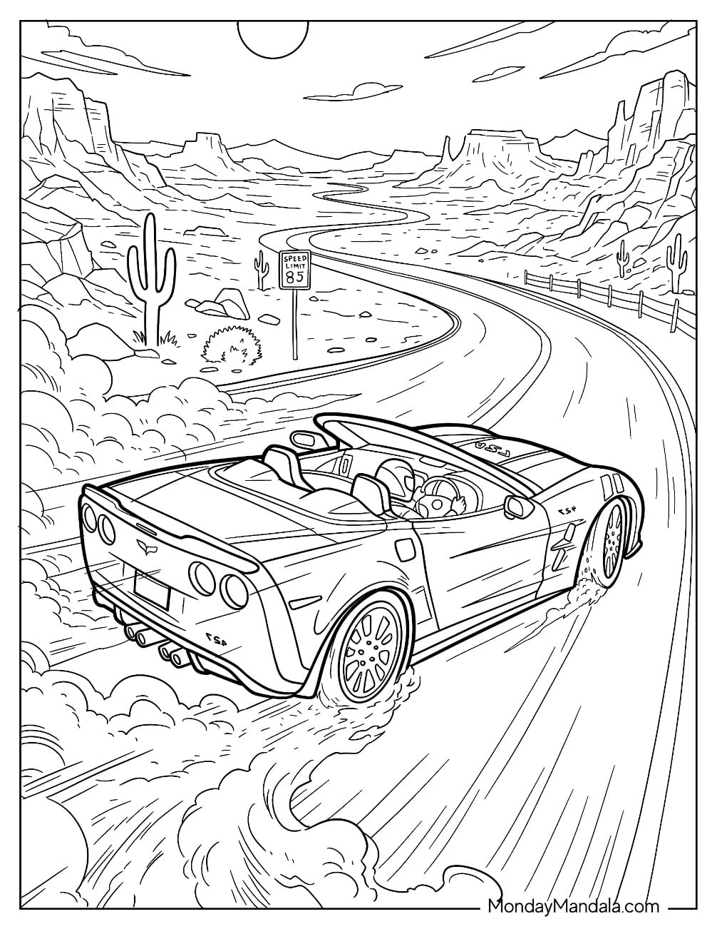 Racer Driving a Corvette on a Desert Road Coloring Page
