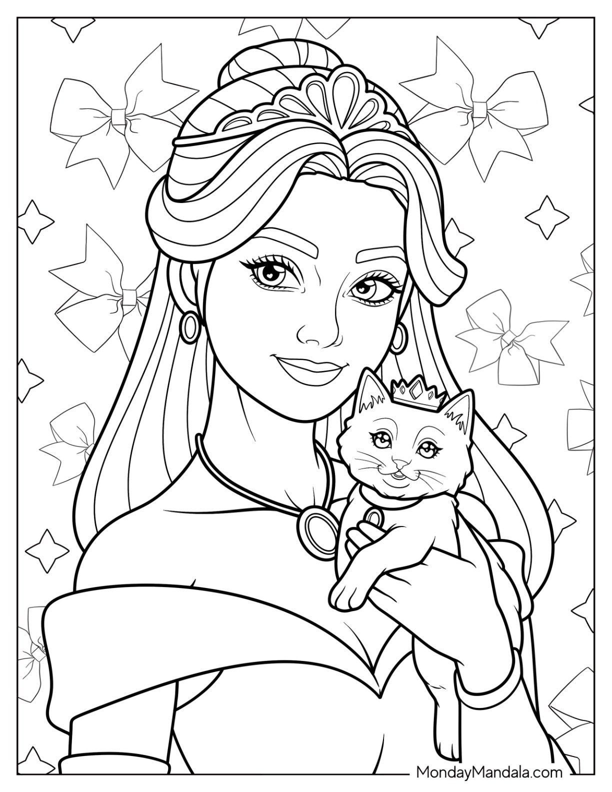 Radiant Princess Coloring Page with Sparkling Tiara Carrying a Kitten