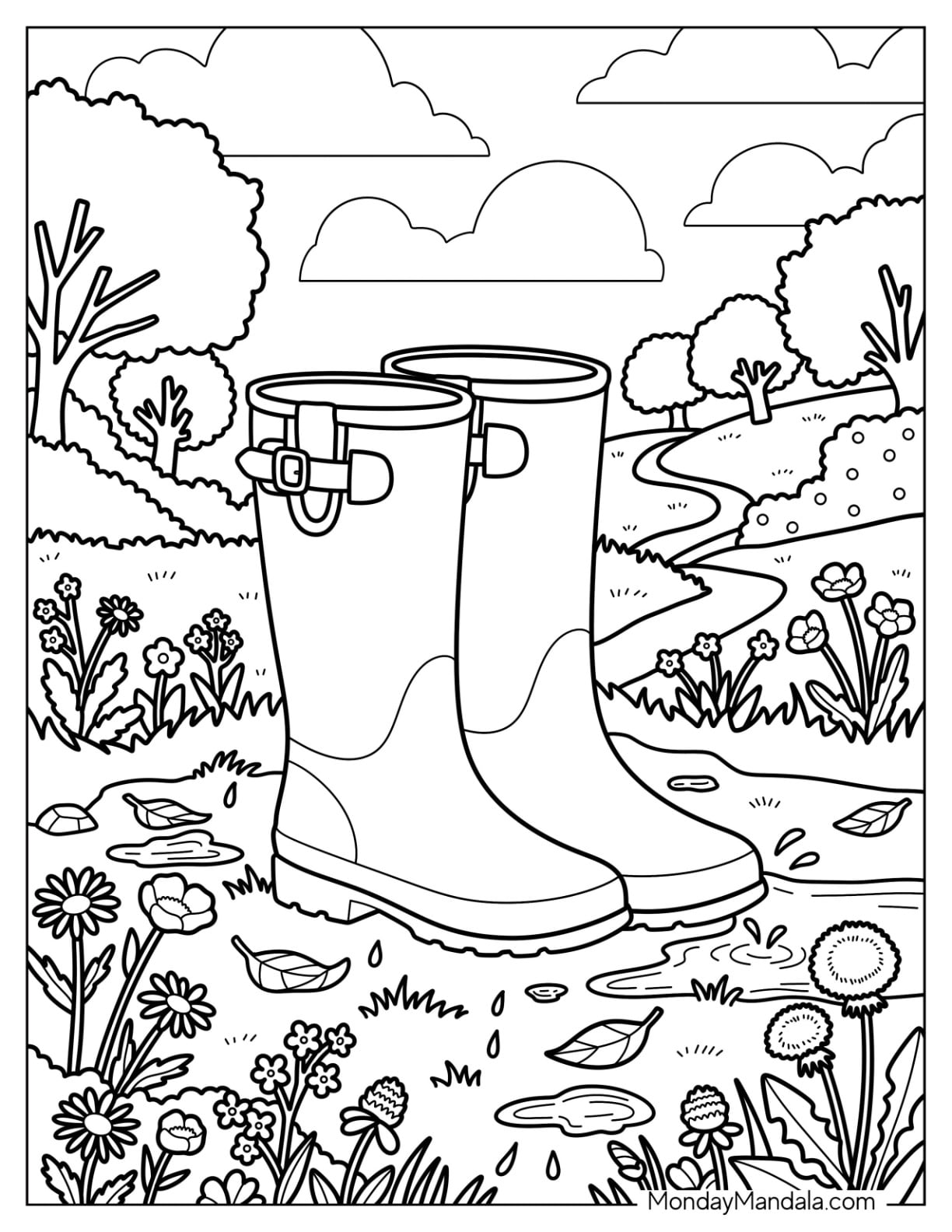 Rain Boots in a Flower Meadow Coloring Page