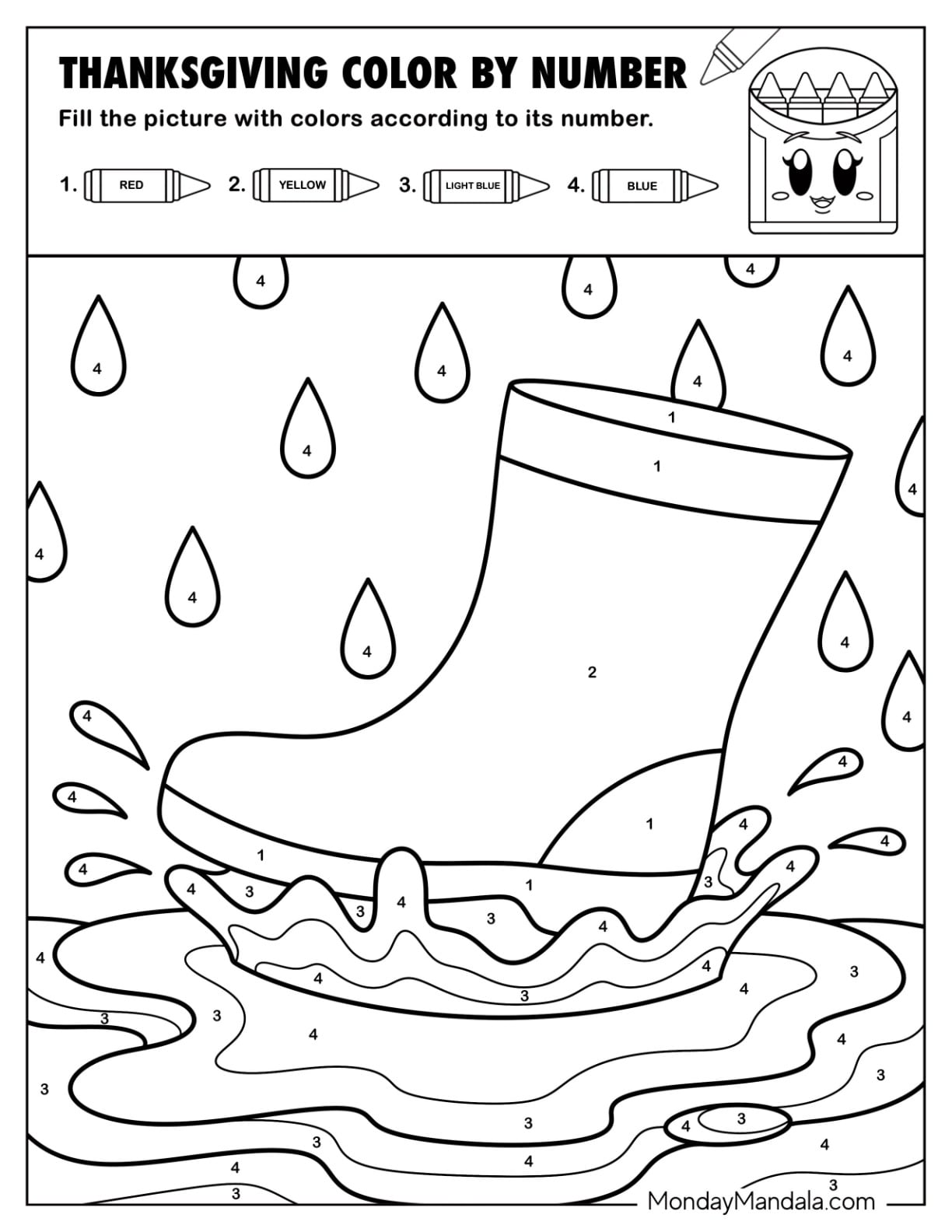 Rainboot on Puddle Thanksgiving Color by Number