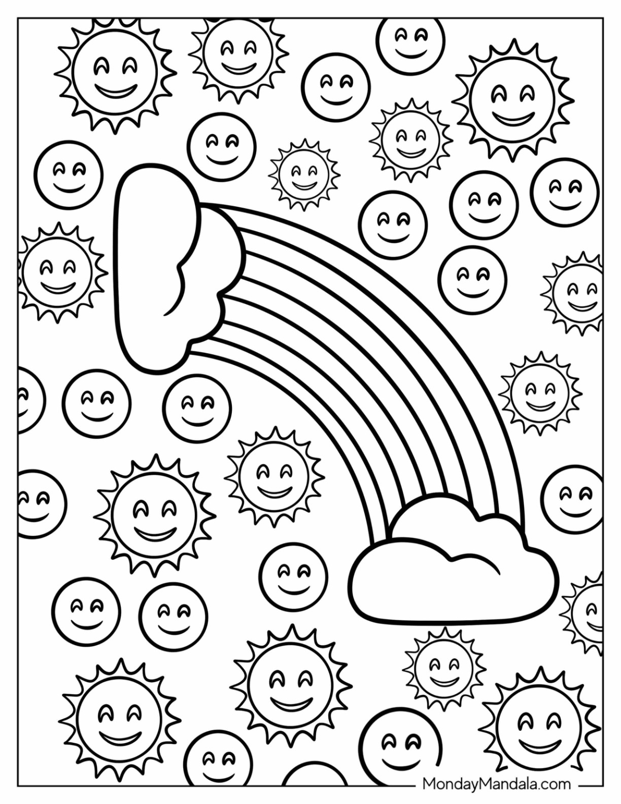 Rainbow Emoji Coloring Page with Smiling Suns for Kids