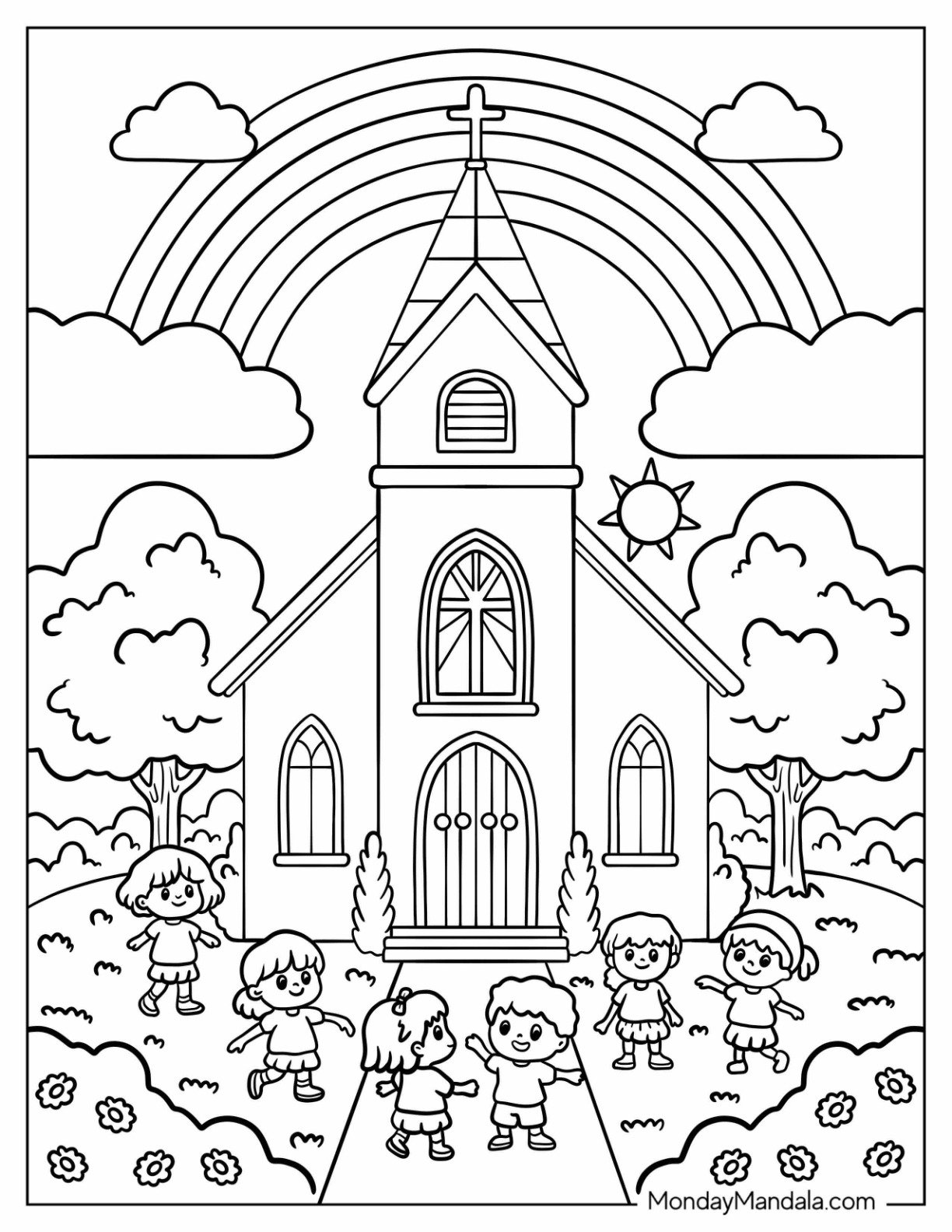 Rainbow Over Church Coloring Page with Children Playing in Flower Garden for Kids