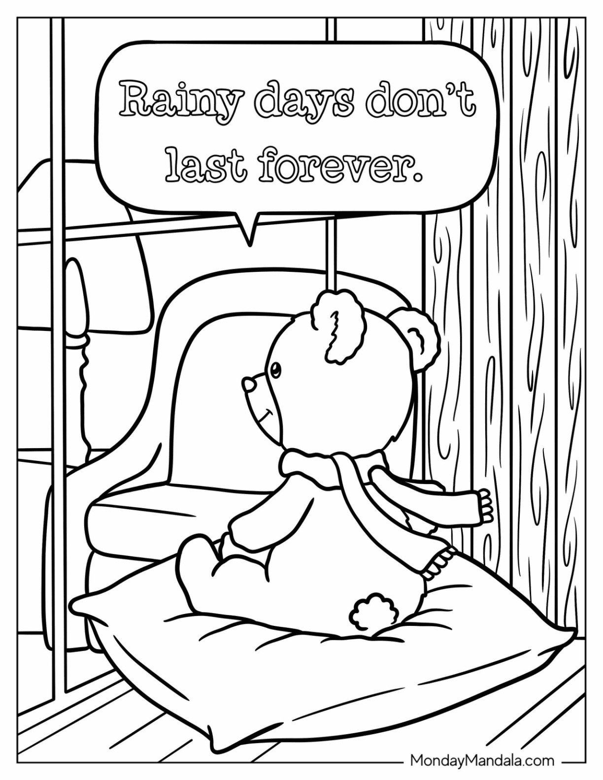 Sad Coloring Page Of Rainy Days Don't Last Forever With Teddy Bear Looking Out A Window