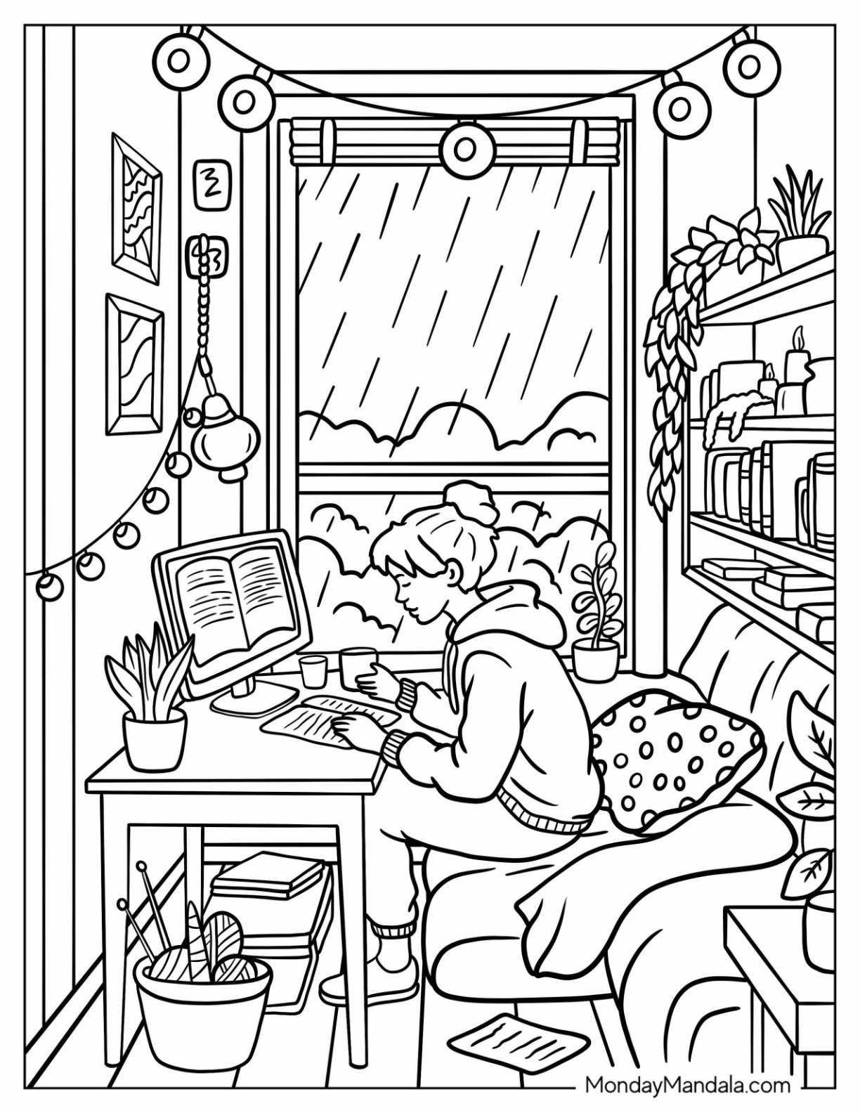 Rainy Lofi Coloring Page with Girl Studying on Her Desk