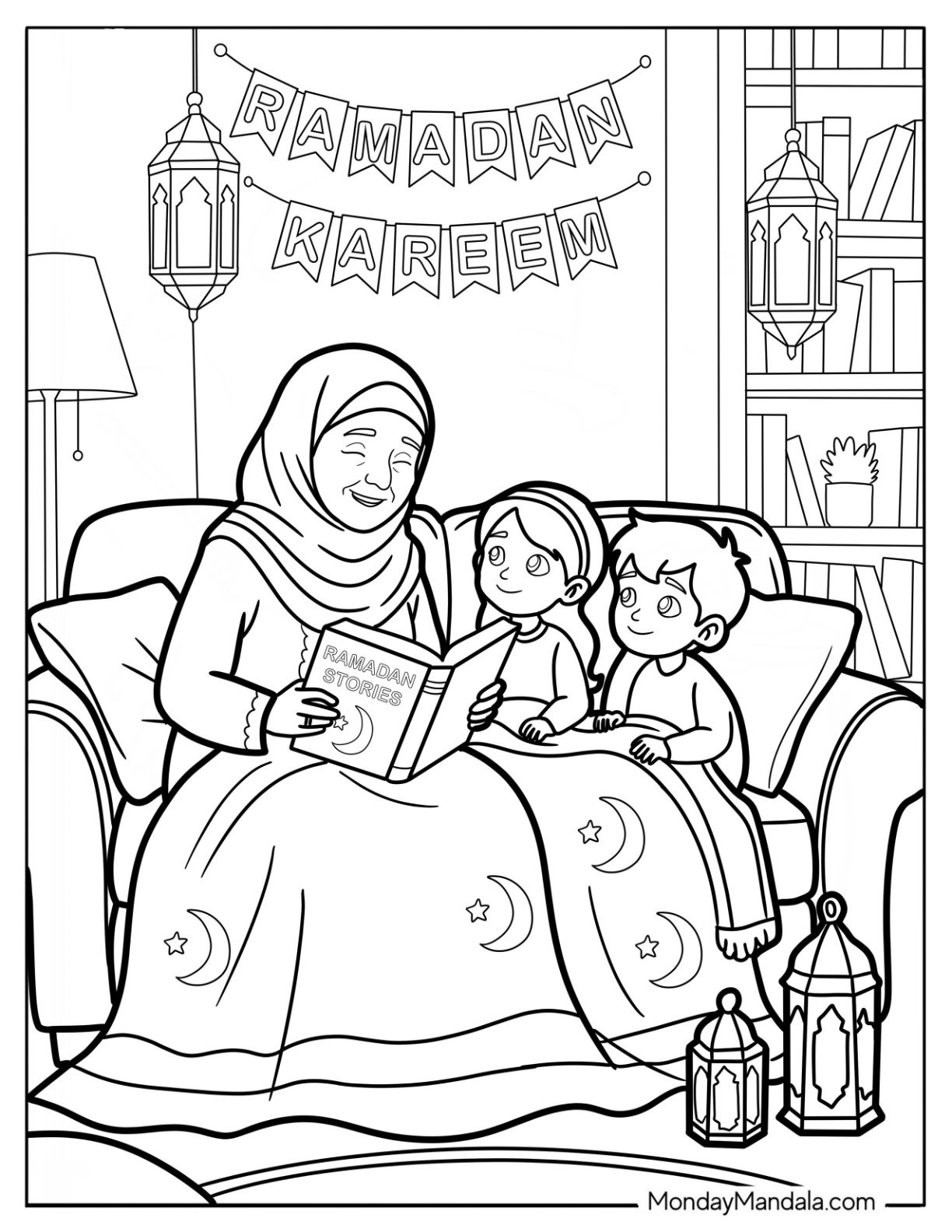 Ramadan Coloring Page of Kareem Banner over a Mother Reading to Her Kids