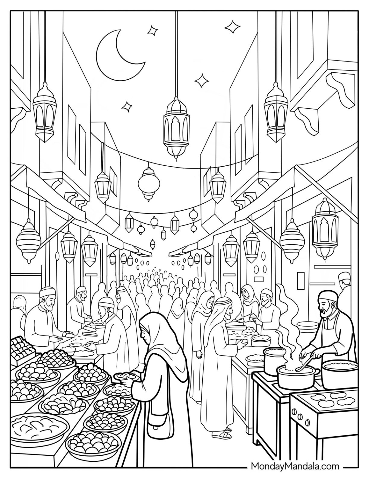 Ramadan Coloring Page of Night Market with Vendors, Lanterns, and Crescent Moon