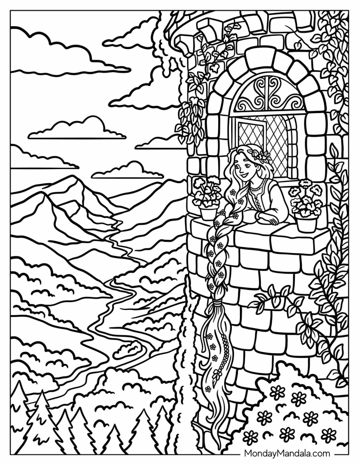 Rapunzel Lowering Her Long Hair from a Tower Coloring Page