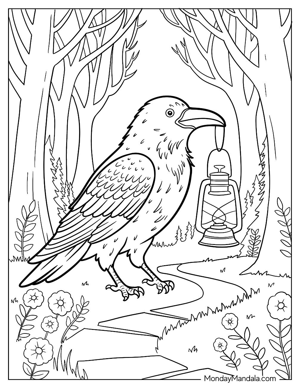 Raven Coloring Page Holding a Lamp with Its Beak in a Forest