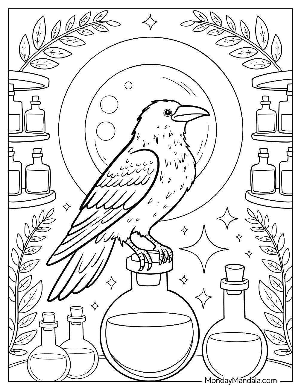 Raven Coloring Page Perched on a Bottle of Potion