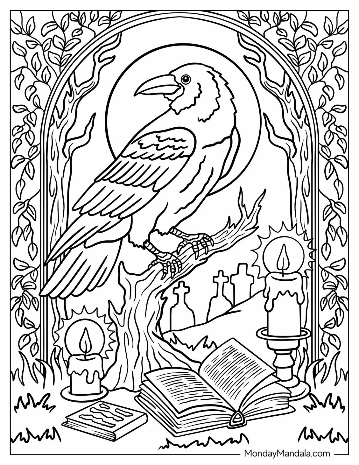 Halloween Coloring Page for Adults of Raven Perched on a Branch with Candles and Spellbook in the Cemetery