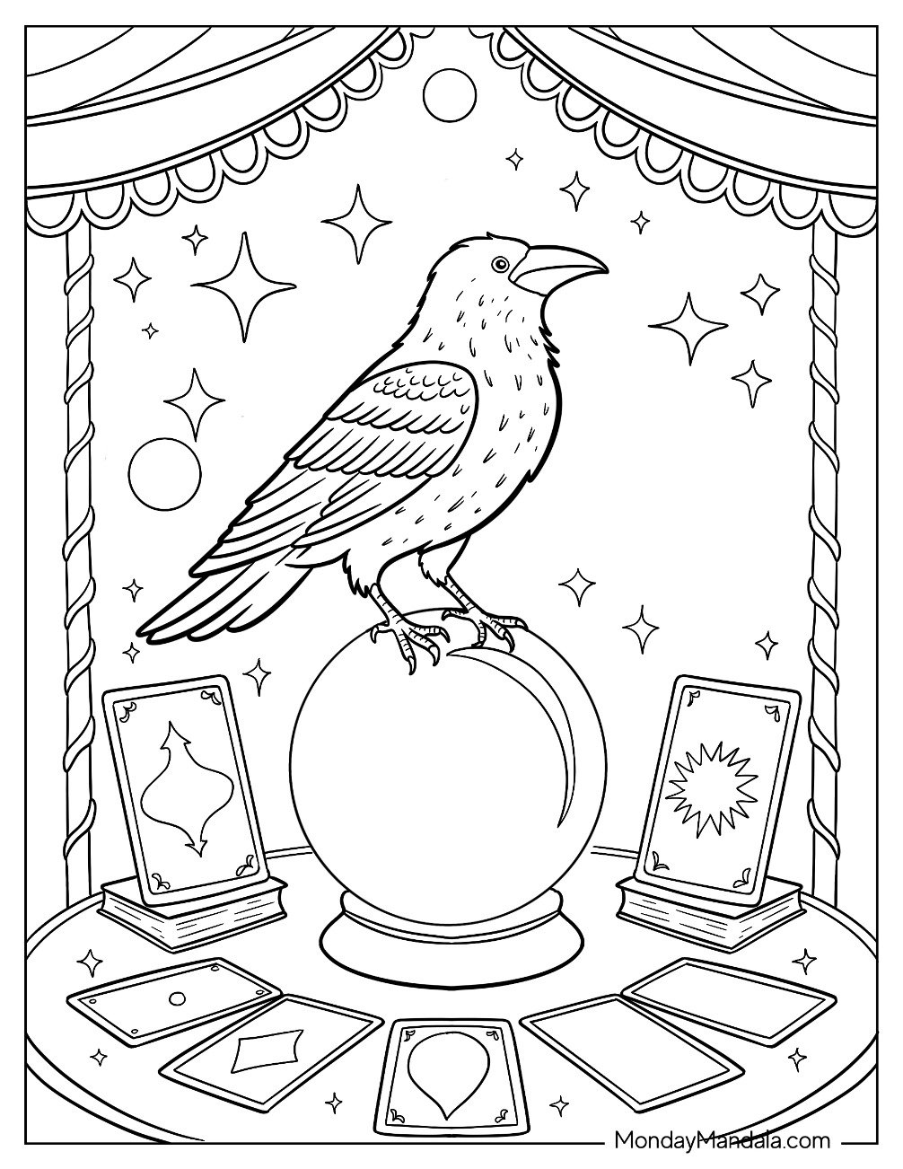 Raven Coloring Page Perched on a Magical Ball Surrounded by Tarot Cards