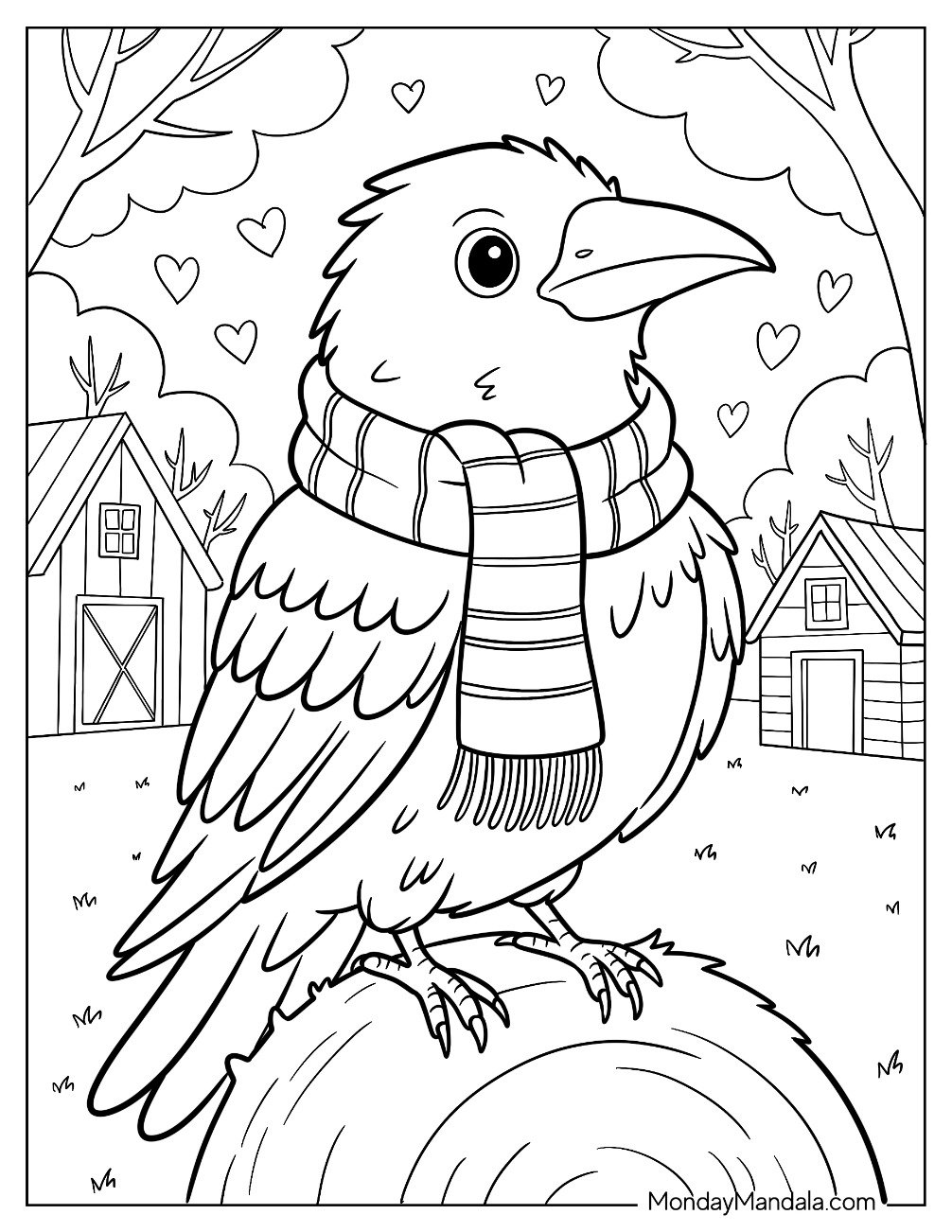 Raven Coloring Page Wearing A Scarf While Perched on a Hay Bale for Kids