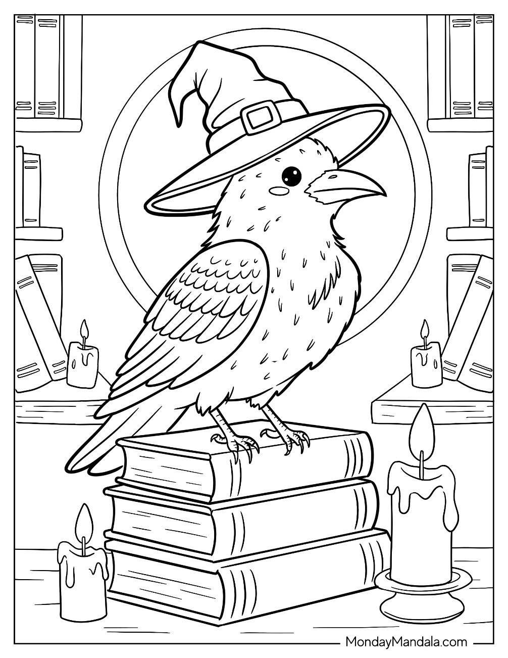 Raven Coloring Page Wearing a Witch s Hat While Perched on Books