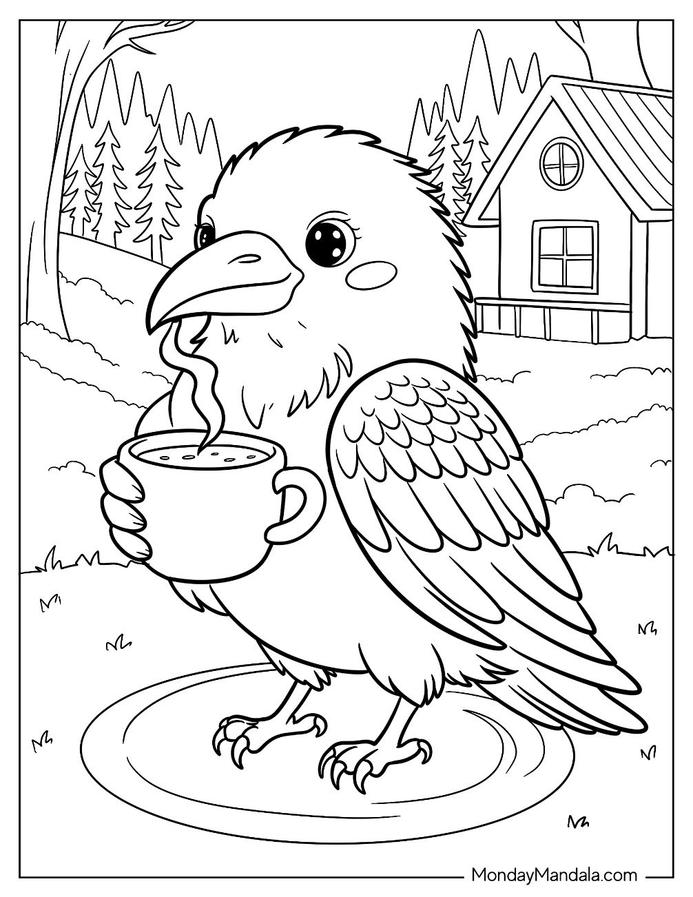 Raven Coloring Page With A Cup of Coffee in Front of a Cottage for Kids
