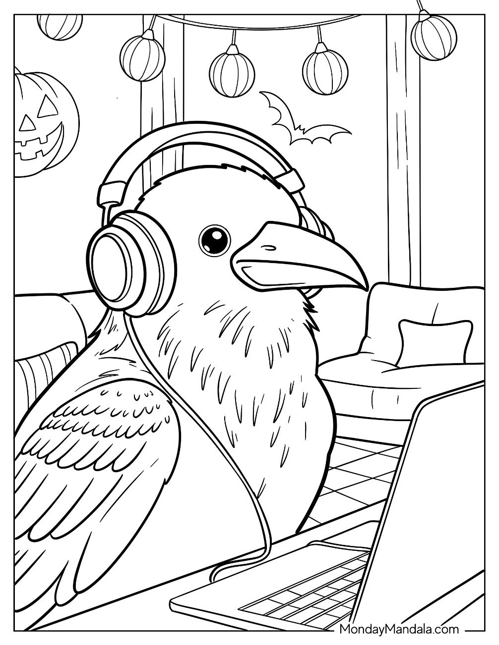 Raven Coloring Page With Headphones on Sitting in Front of a Laptop