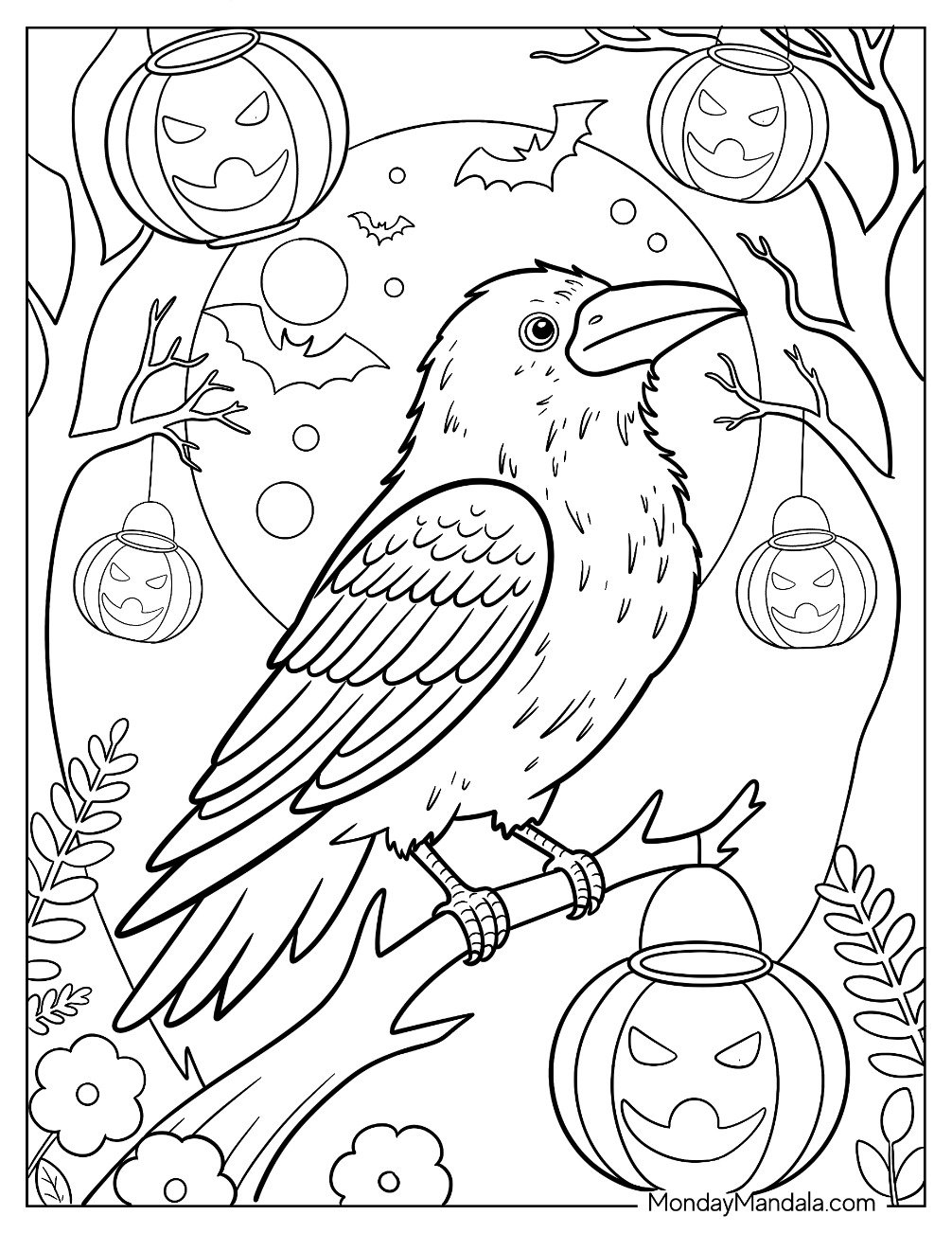 Raven Coloring Page on a Tree Branch Surrounded By Hanging Jack o Lanterns,, Bats, and Flowers