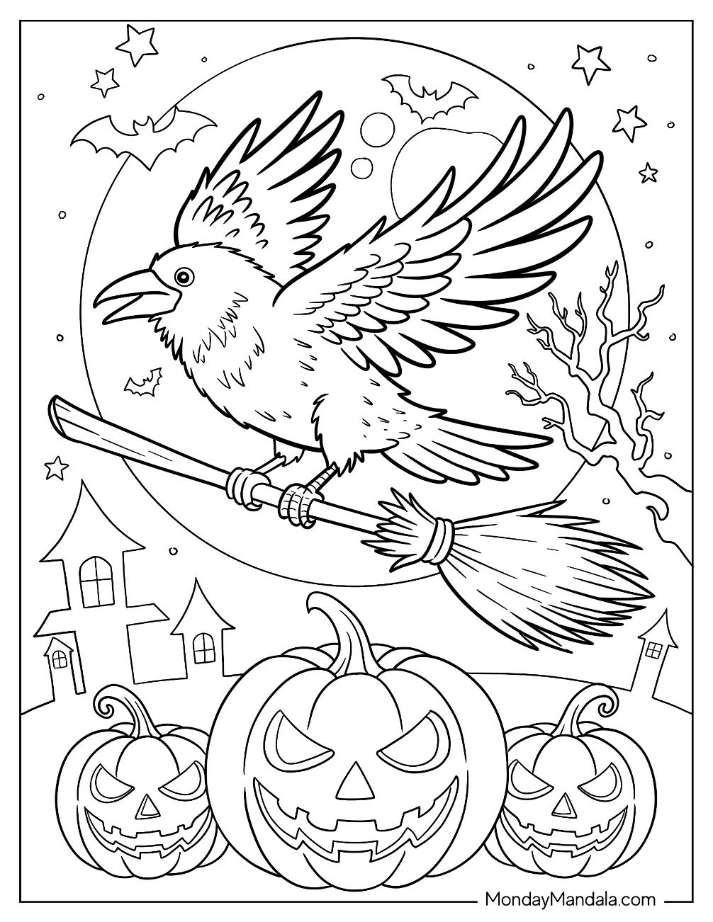 Raven Coloring Page on a Witch s Broom Hovering Above Jack o Lanterns