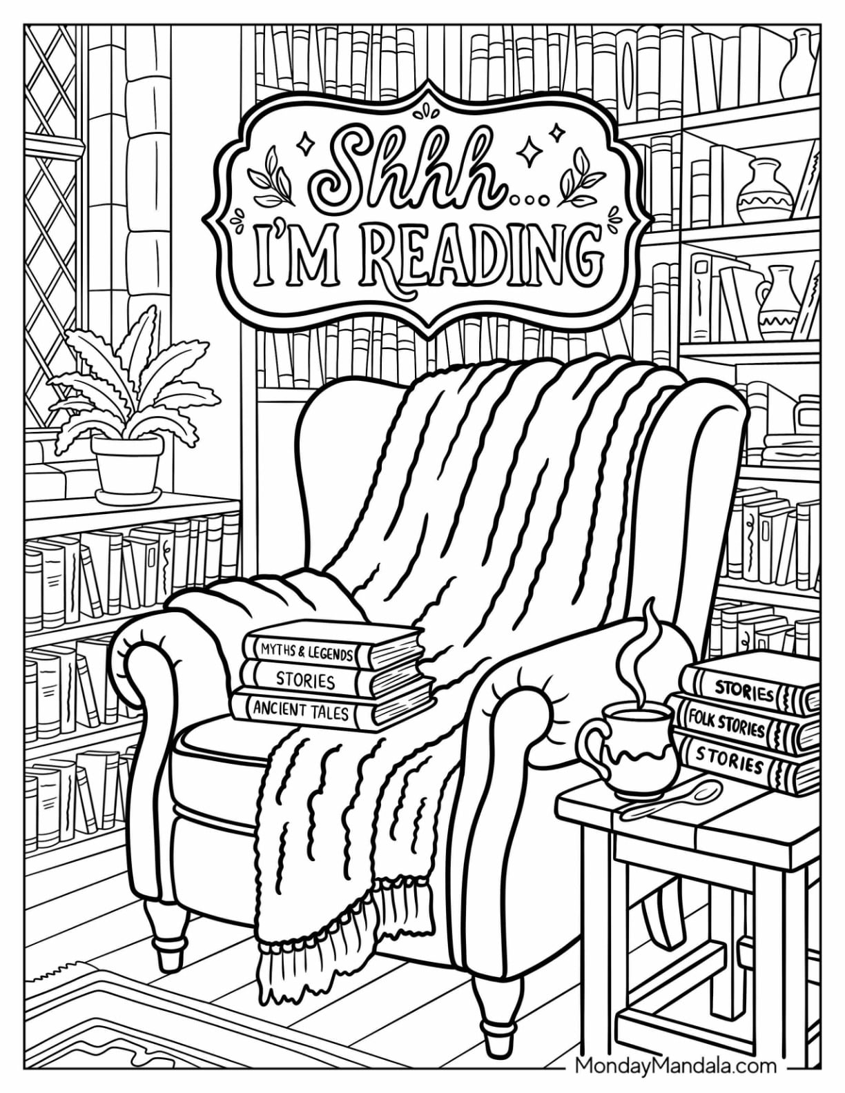 Reading Chair with Books, Blanket, and Coffee in a Home Library