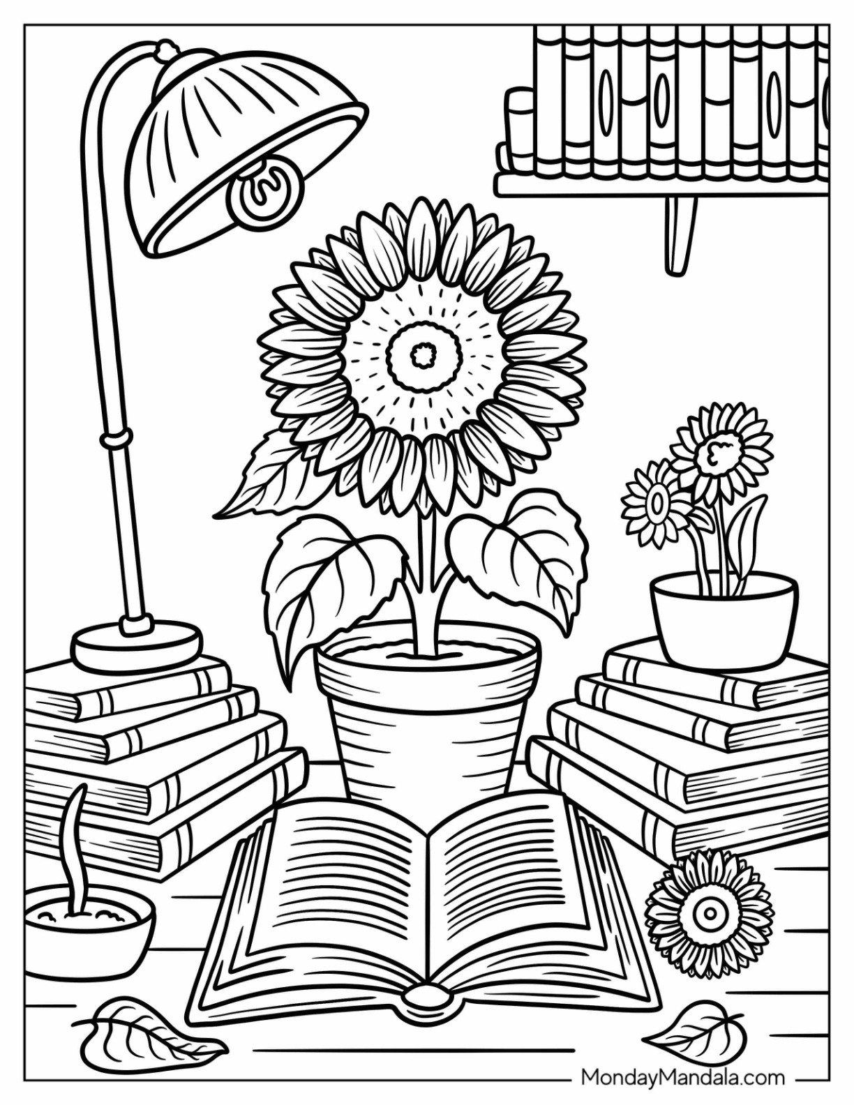 Reading Desk With Sunflower Coloring Page Plant, Books, and a Lit Candle