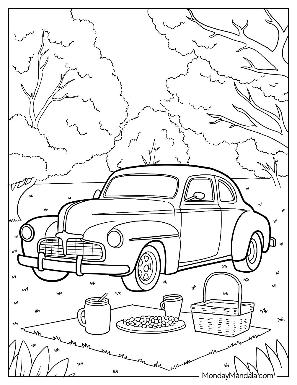 Realistic 1940s Hot Rod Coloring Page at a Picnic in the Park