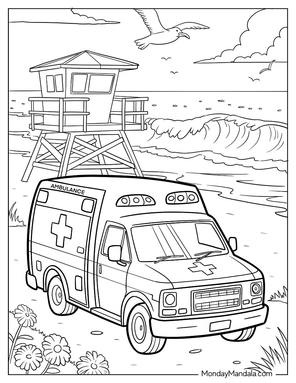 Realistic Ambulance Coloring Page Parked at the Beach with Tall Waves