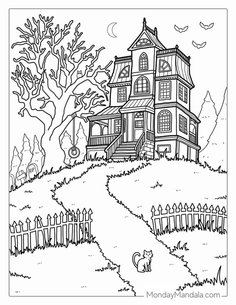 free halloween haunted house coloring pages