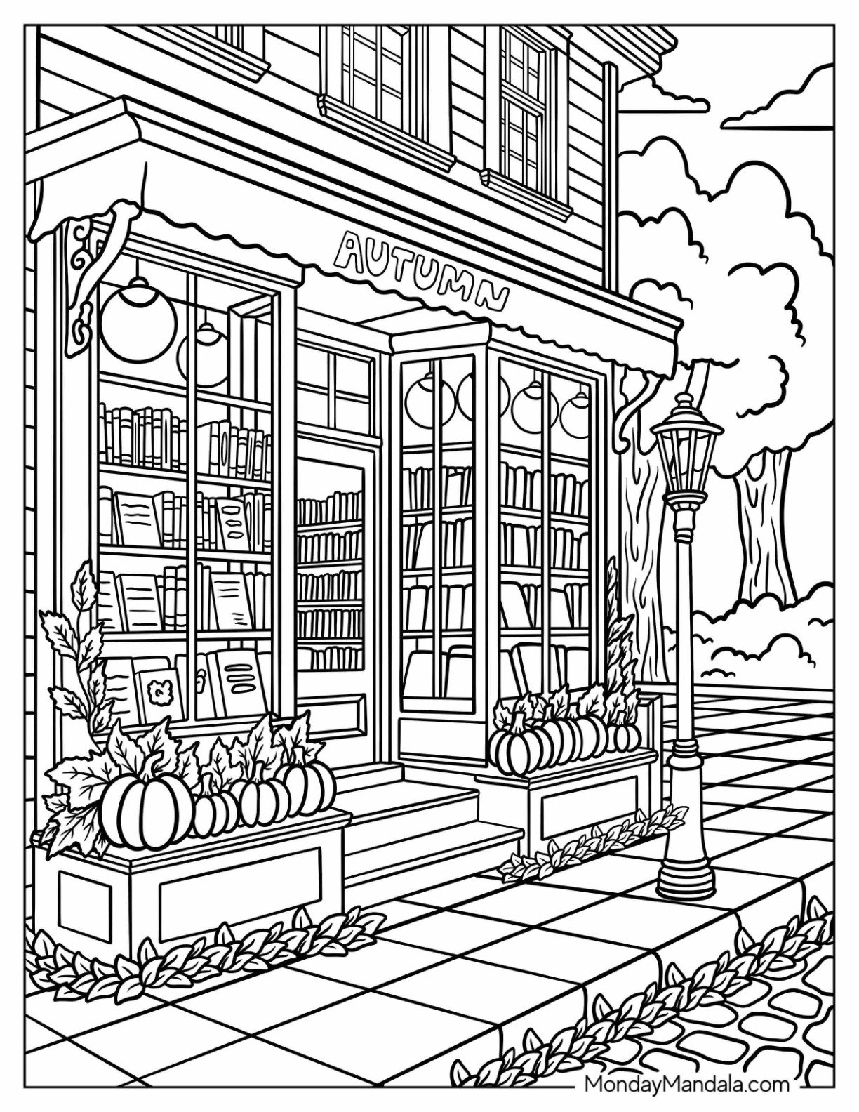 Autumn & Fall Coloring Page of Realistic Bookstore Surrounded by Pumpkins and Trees