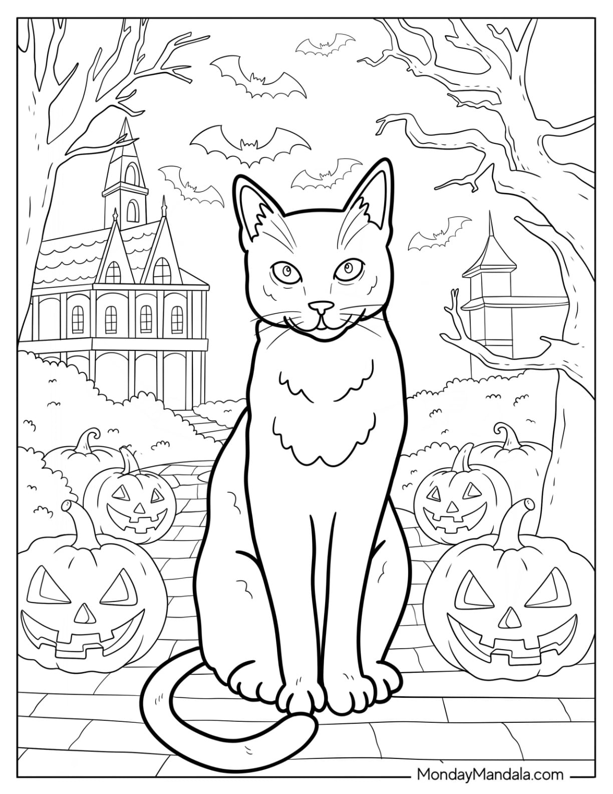 Realistic Black Halloween Cat Coloring Page on the Steps of Haunted Castle