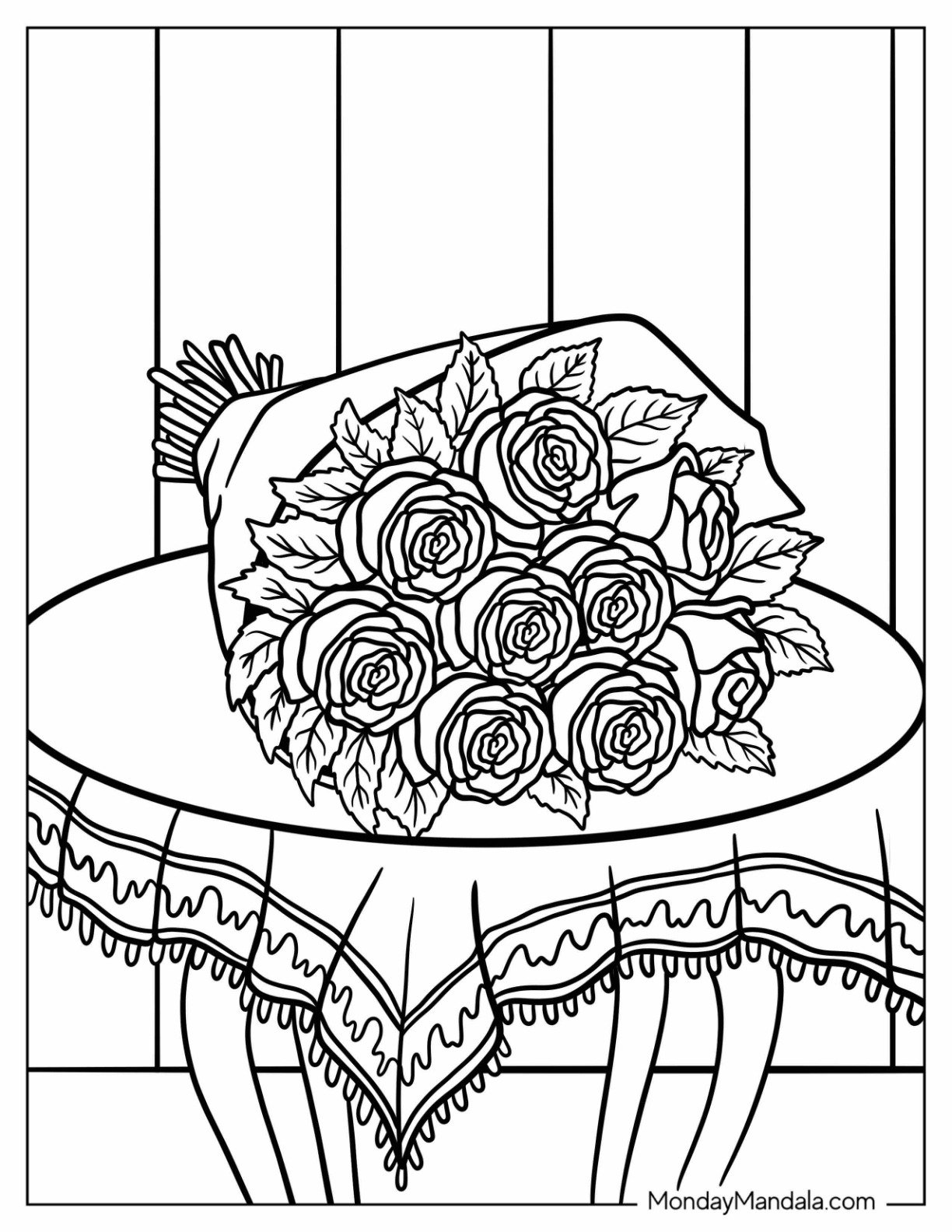 Realistic Bouquet of Rose Coloring Page on Top of a Vintage Table