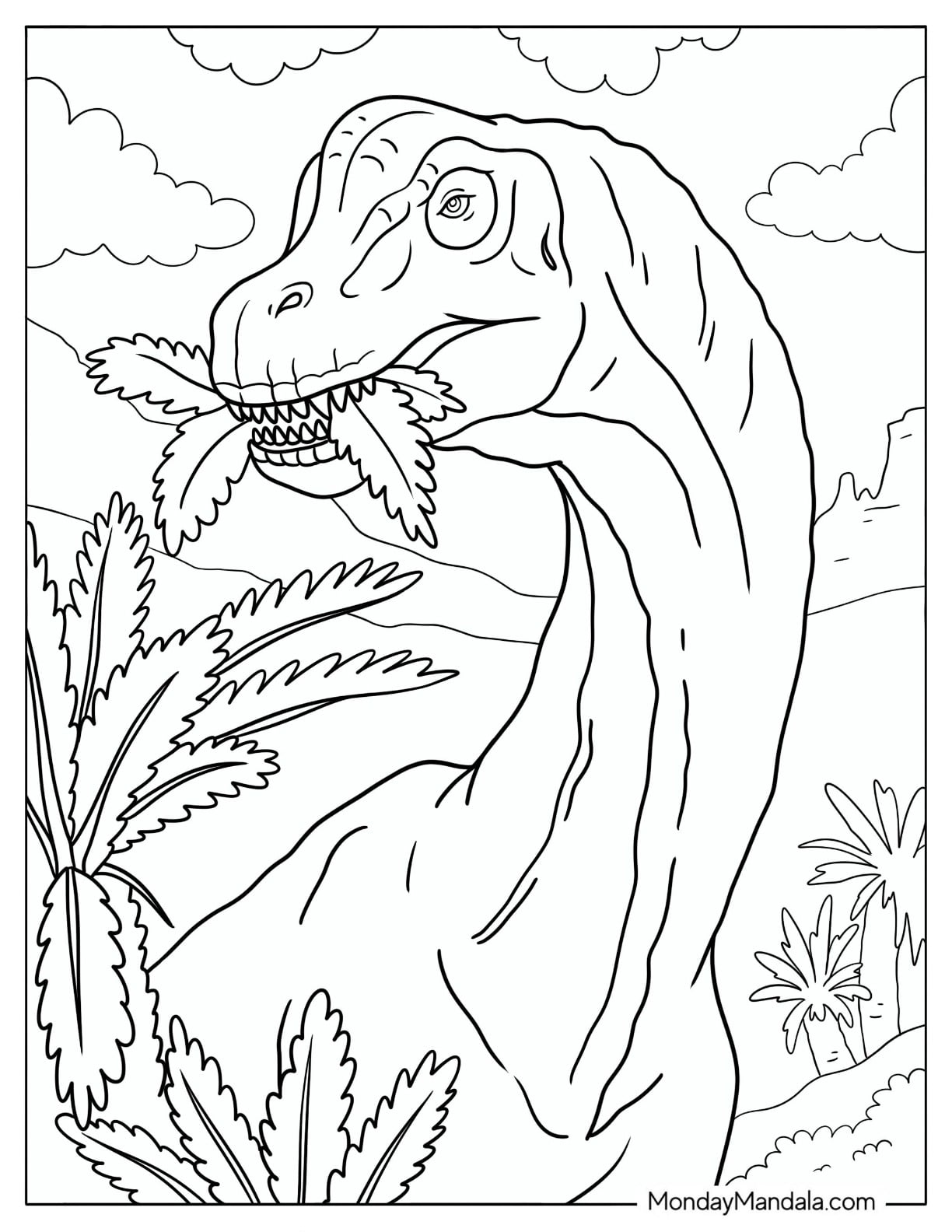 Realistic Brachiosaurus Eating Fern Leaves Coloring Page