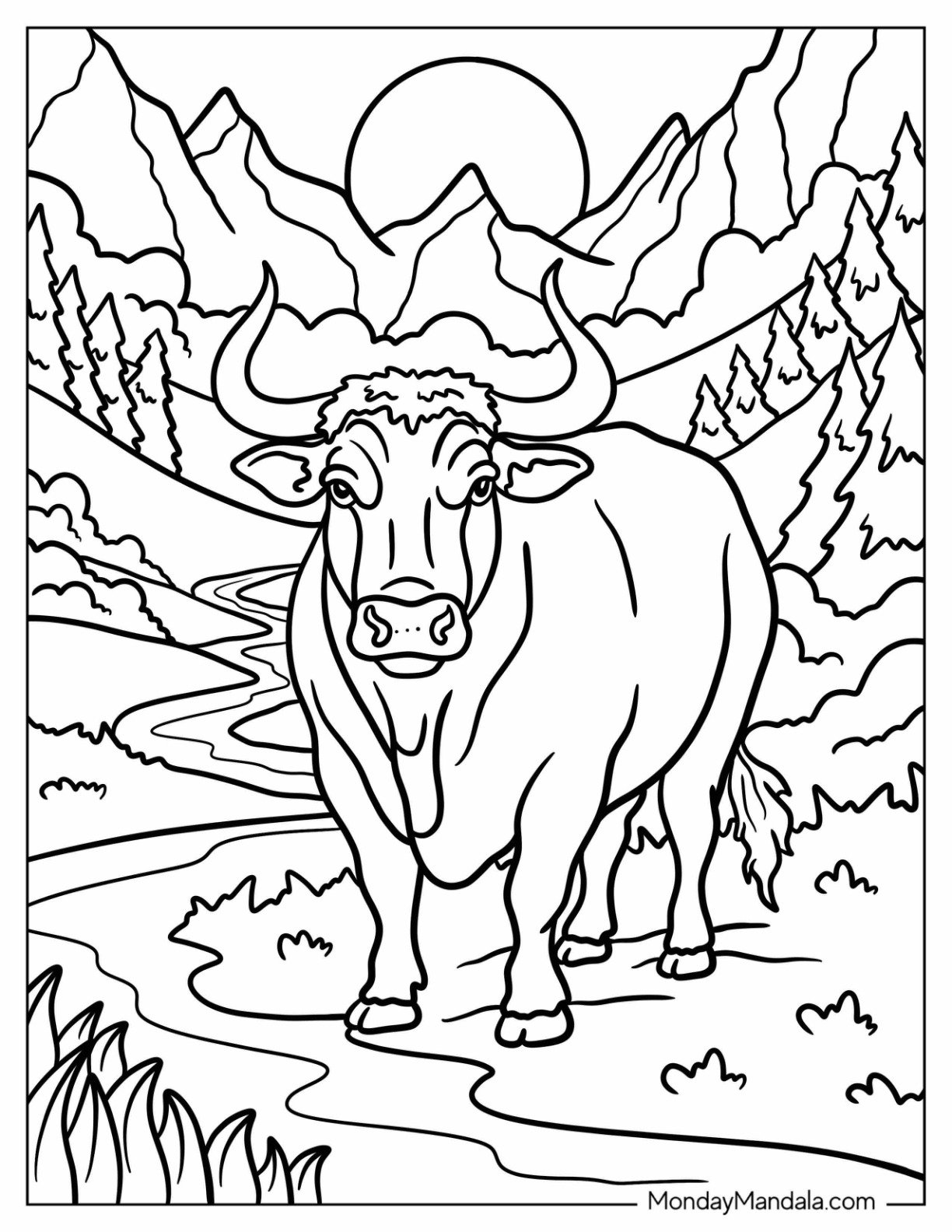 Realistic Bull Coloring Page in a Mountain Terrain for Adults