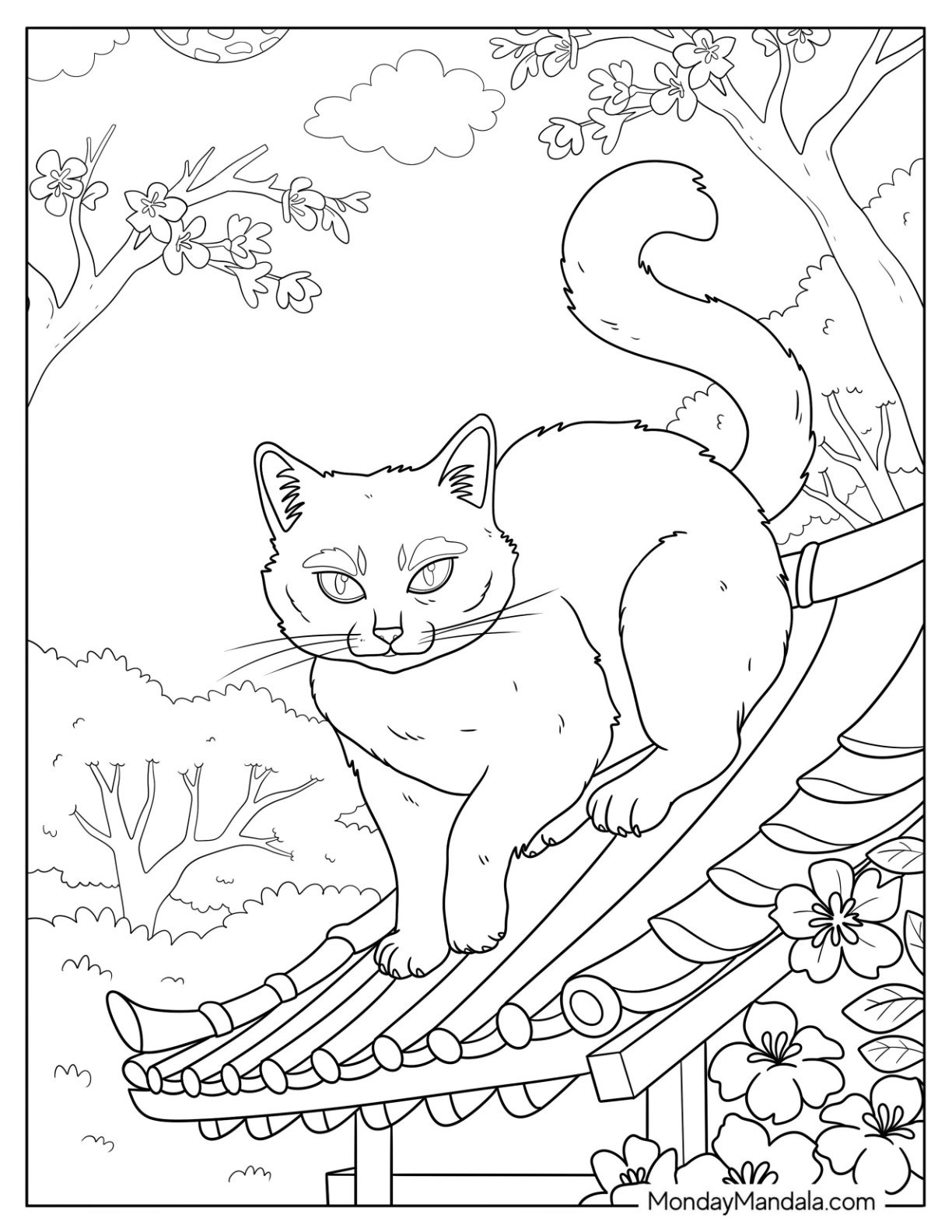 Realistic Cat Coloring Page Walking on a Rooftop with Blossoming Trees