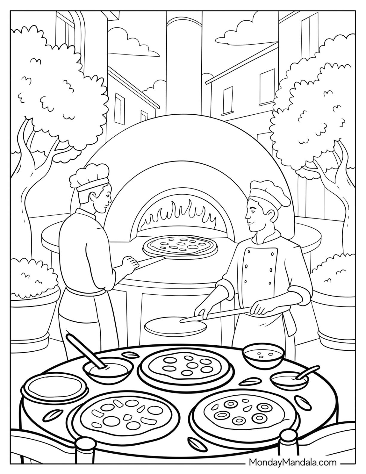 Realistic Chefs Putting Pizza Coloring Page in Traditional Oven