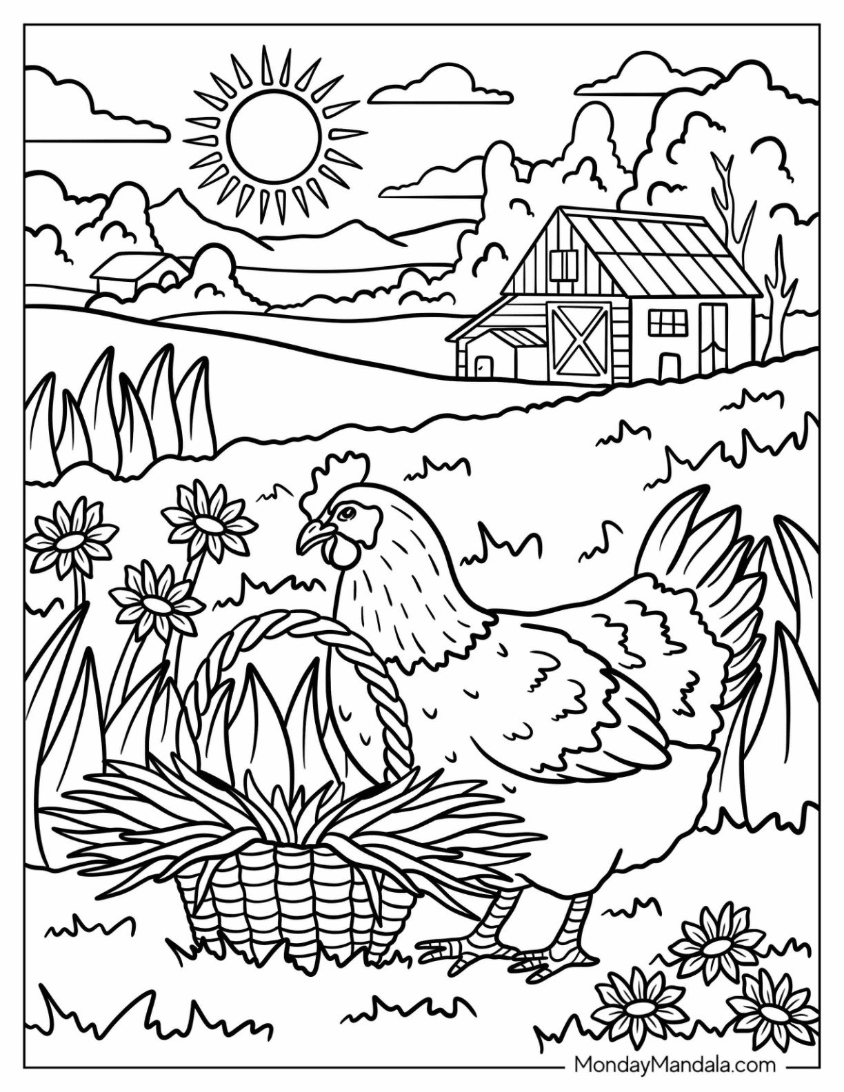 Realistic Chicken Coloring Page Standing in Front of a Basket on a Farm