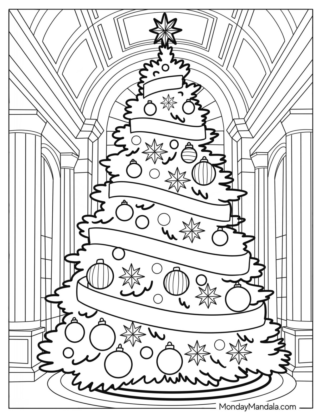 Realistic Christmas Tree Coloring Page in an Old Building