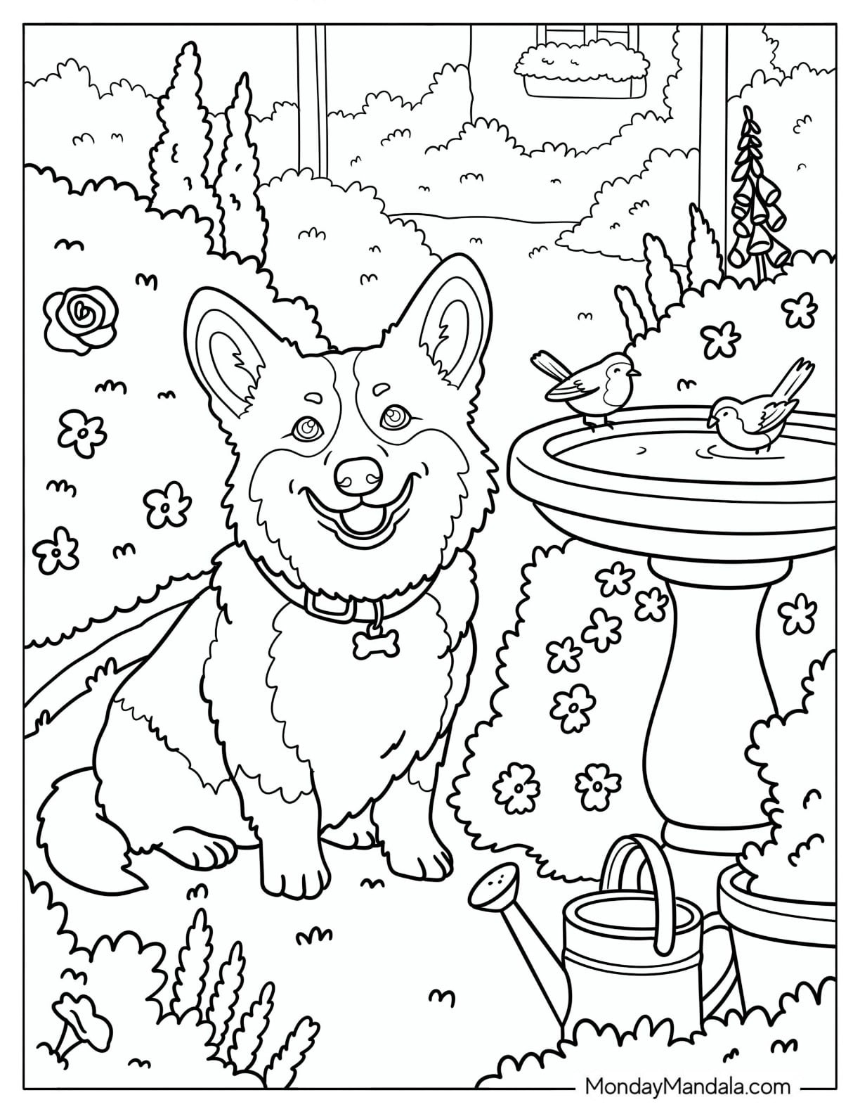 Realistic Corgi Smiling Next to a Bird Fountain