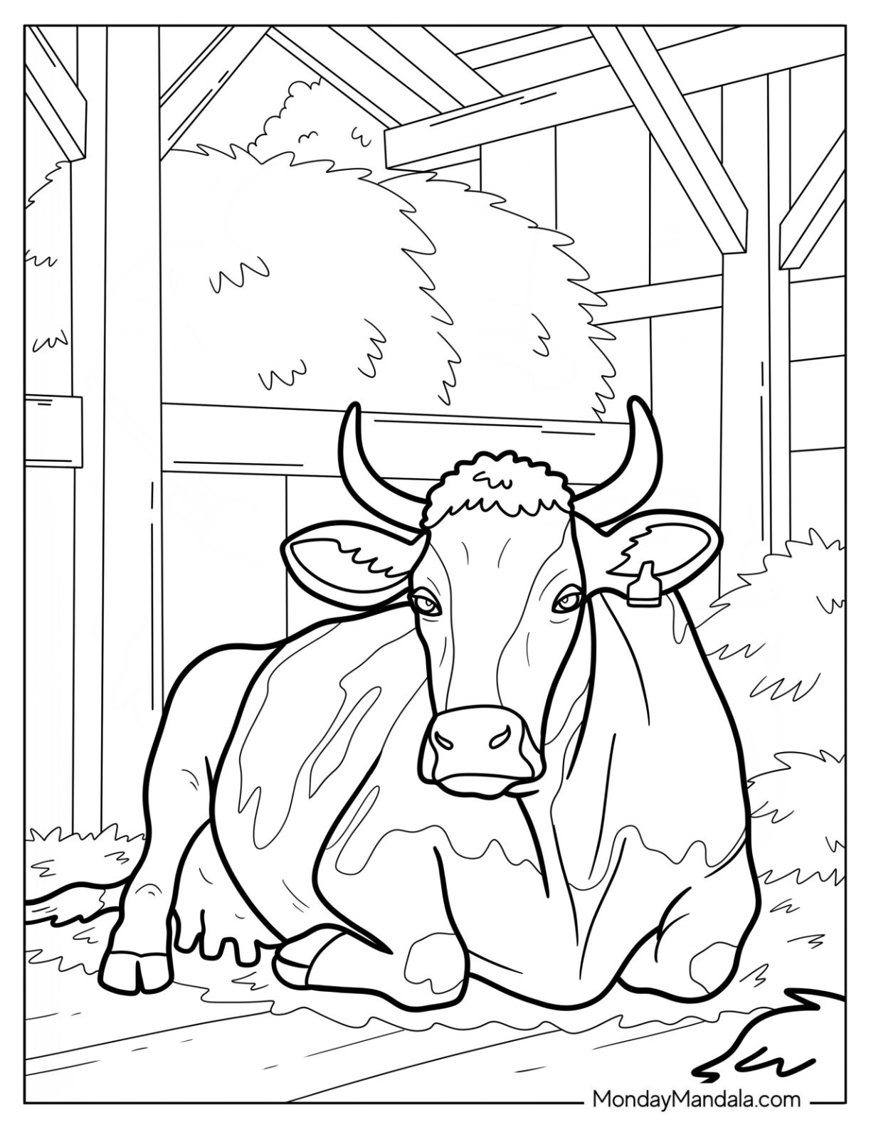 Realistic Cow Coloring Page Resting In A Cozy Barn