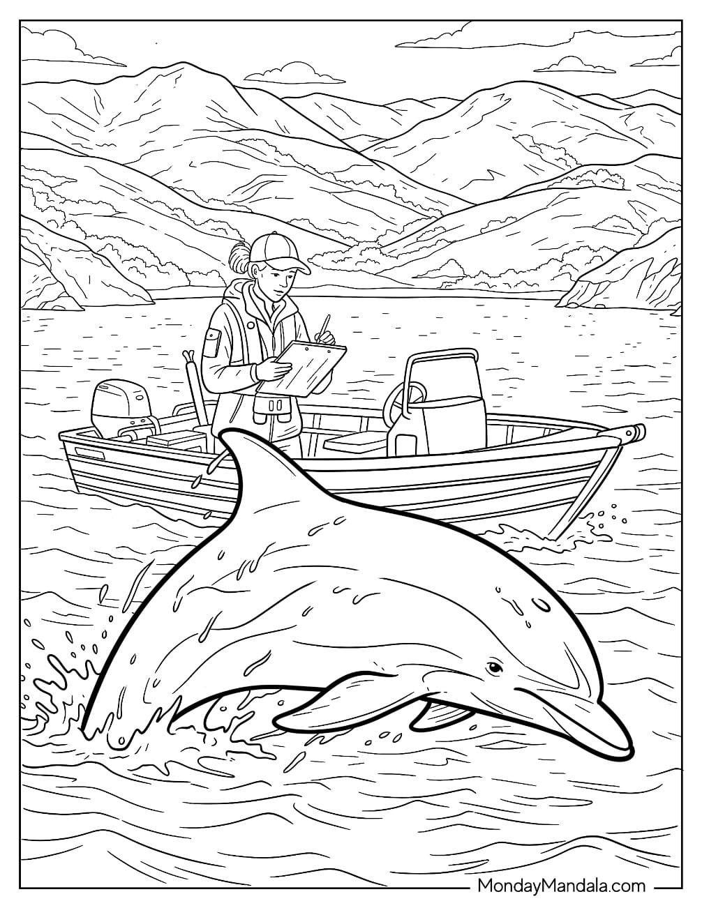 Realistic Dolphin Leaping Beside a Marine Research Boat Coloring Sheet