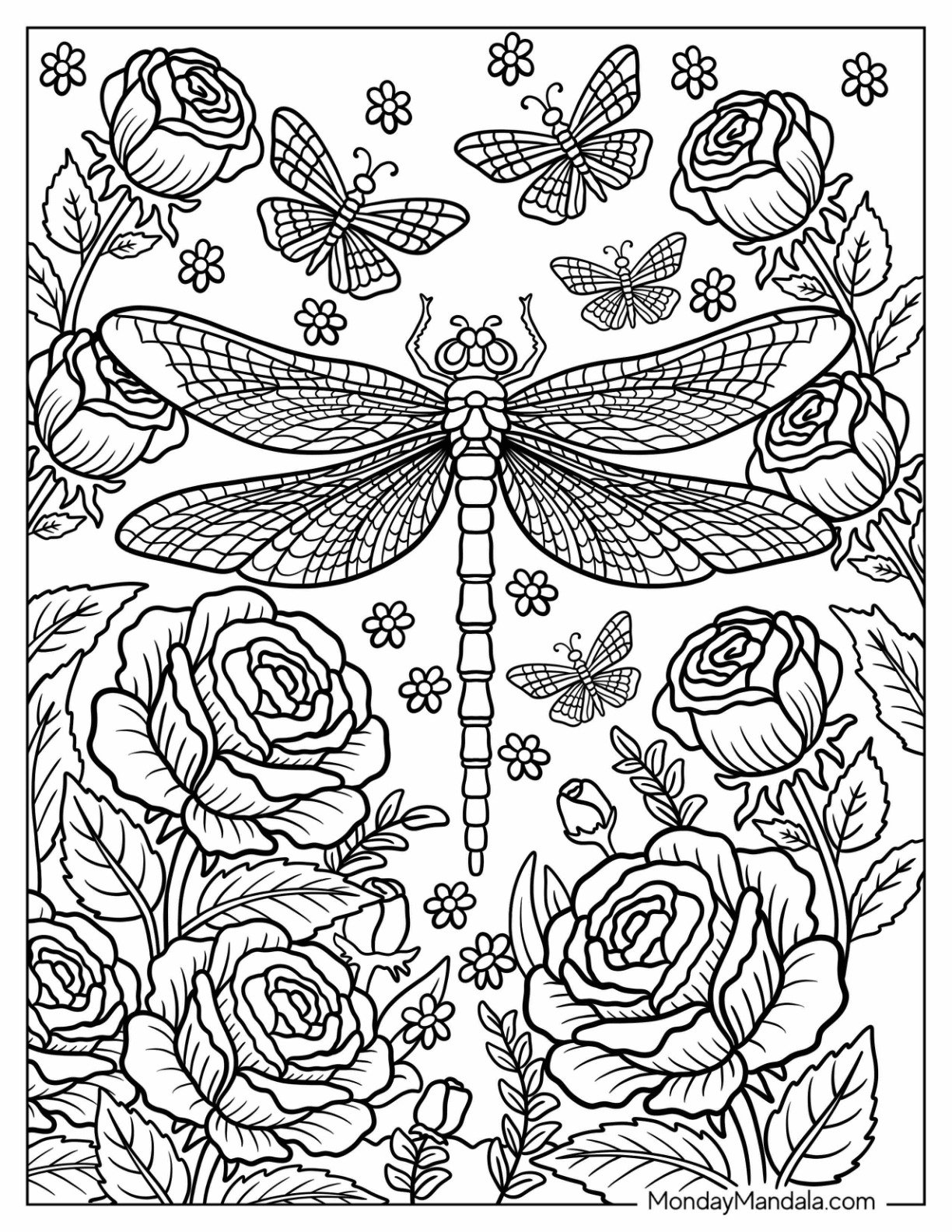 Realistic Dragonfly Coloring Page Among Roses