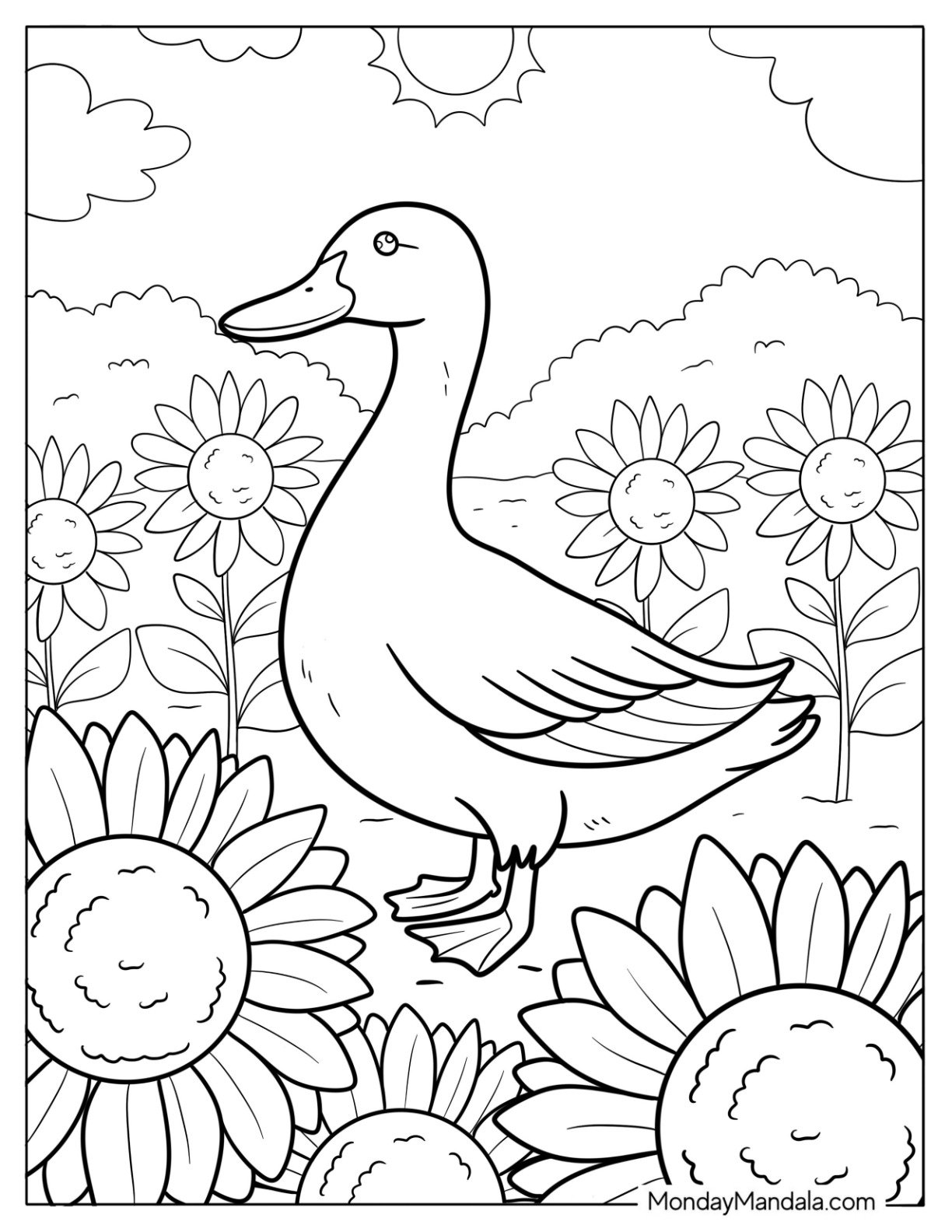 Realistic Duck in a Field of Sunflowers