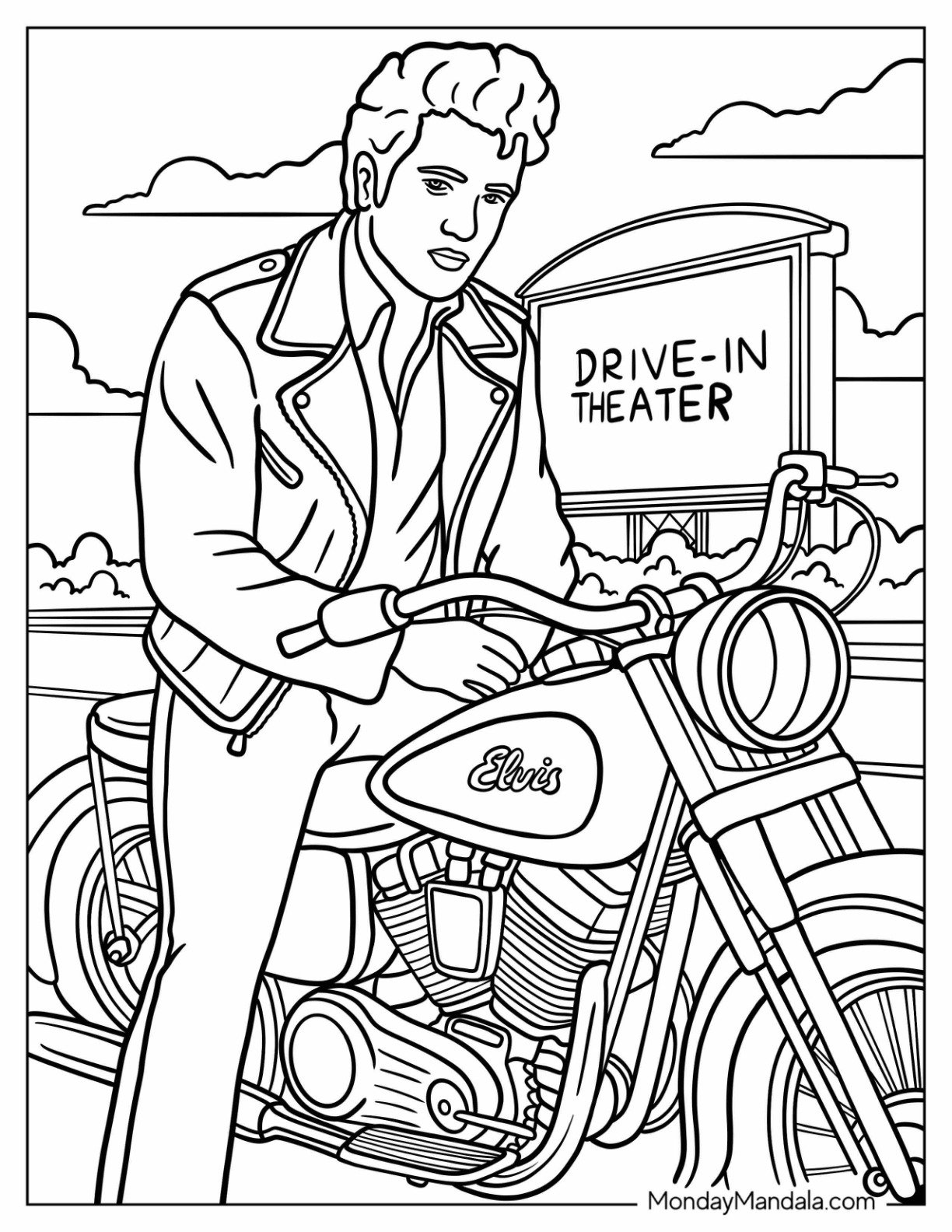 Realistic Elvis Coloring Page on a Motorcycle by a Drive In Theater